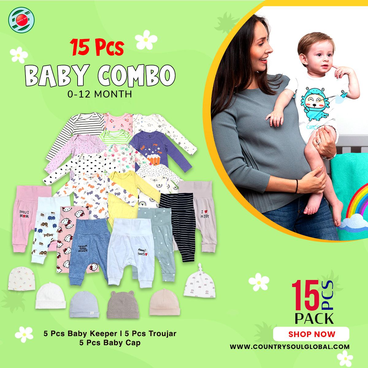 👼15 Pcs Baby Combo😍(5 Pcs Full Sleeve Baby Keeper+5 Pcs Troujar) 5 Pcs Baby Cap Free