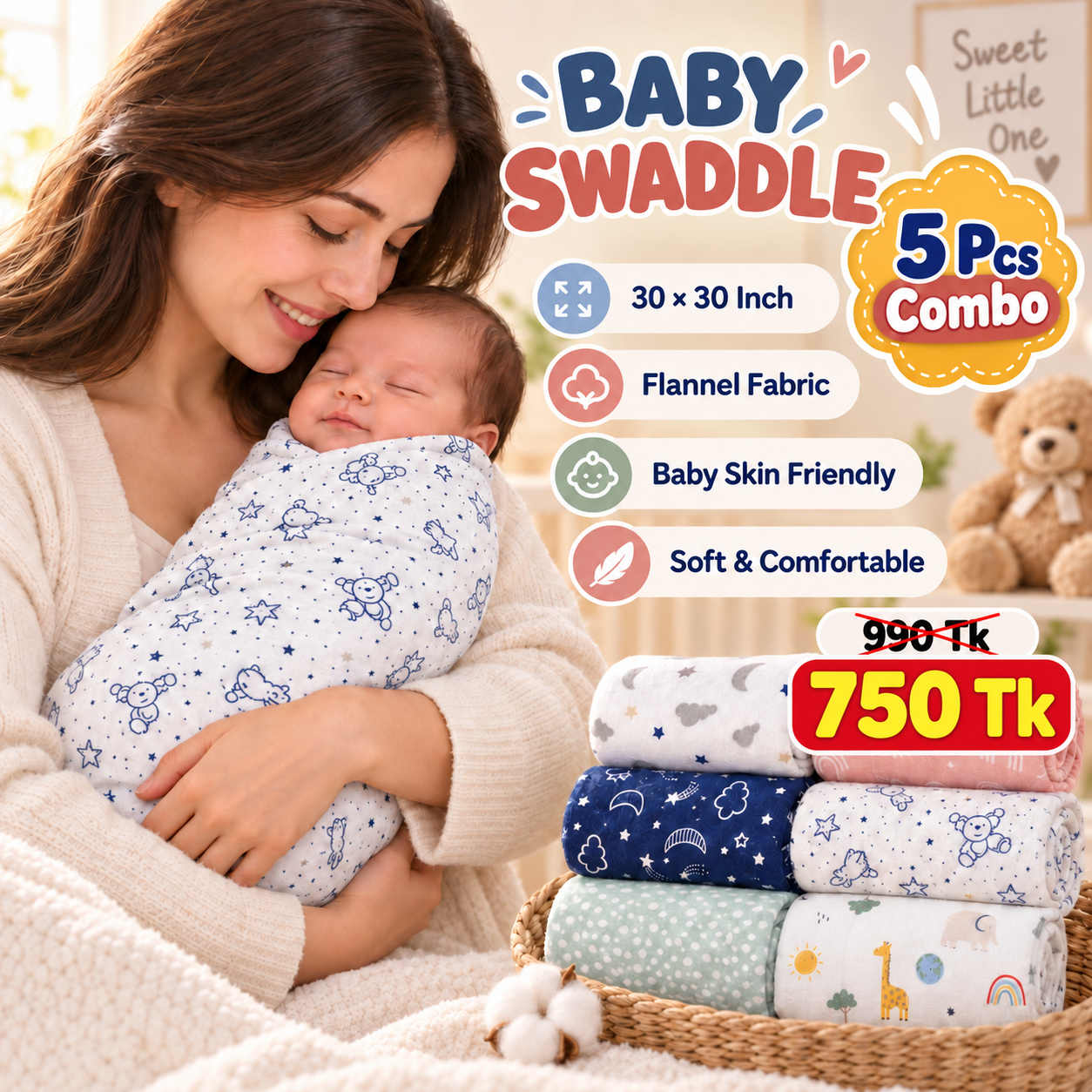 5 PCS ASSORTED & PREMIUM BABY KATHA/Baby Swaddle (30x30 Inch)