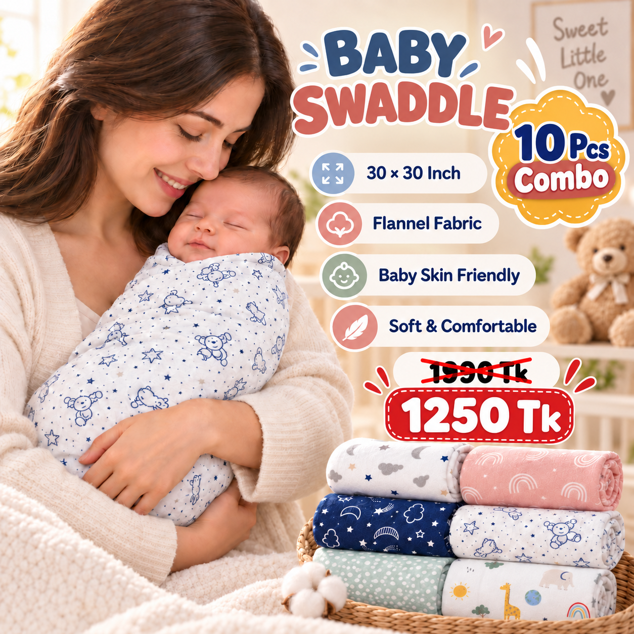 10 PCS ASSORTED BABY KATHA/Baby Swaddle (30x30 Inch)