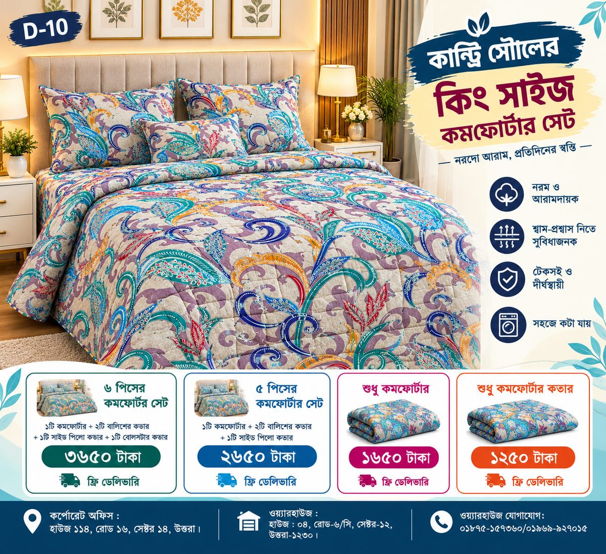 King Size Comforter Set (6 Pcs/5Pcs Set) (7x7.5 Feet) D-10
