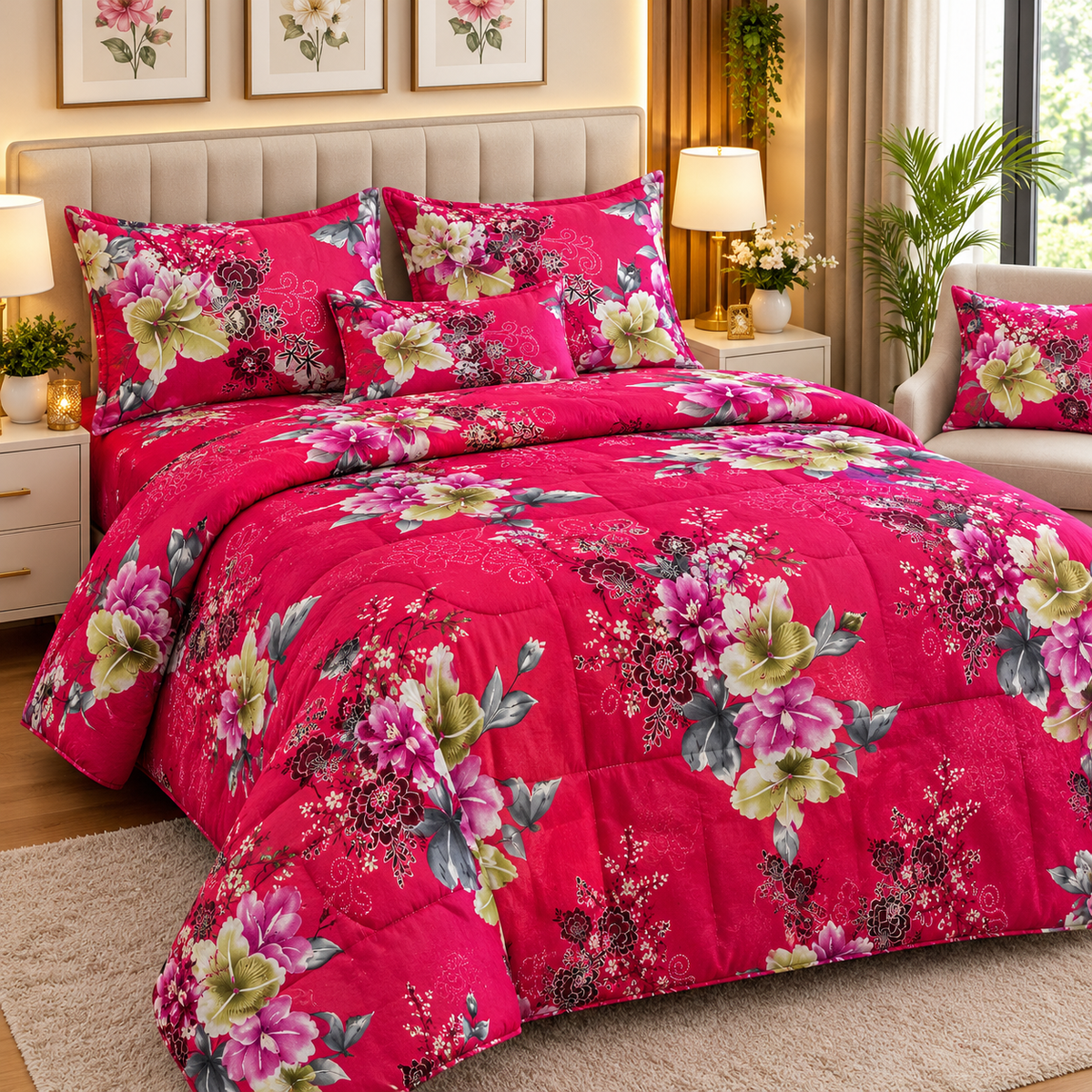 King Size Comforter Set (6 Pcs/5Pcs Set) (7x7.5 Feet) D-18