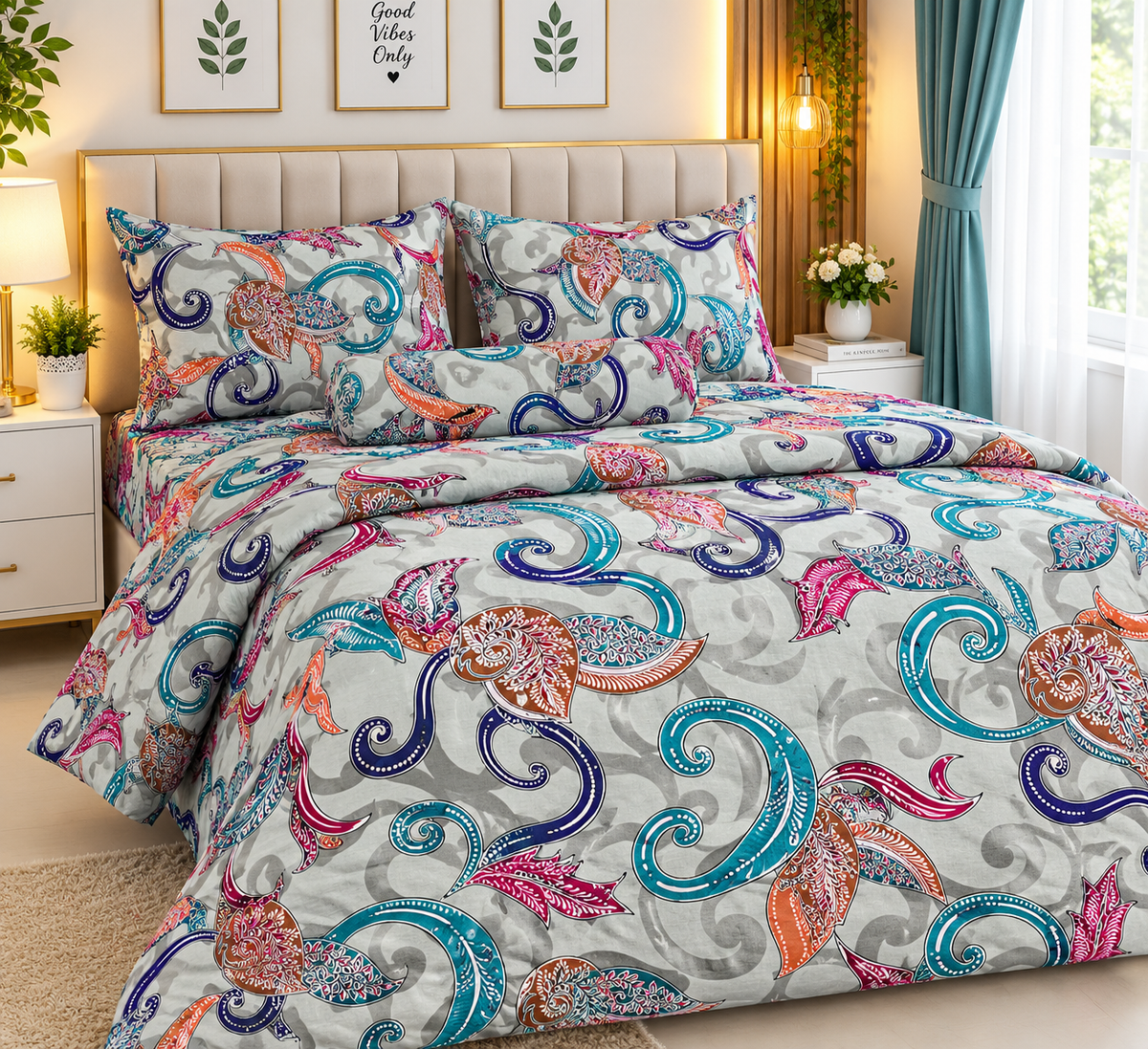 King Size Comforter Set (6 Pcs/5Pcs Set) (7x7.5 Feet) D-22