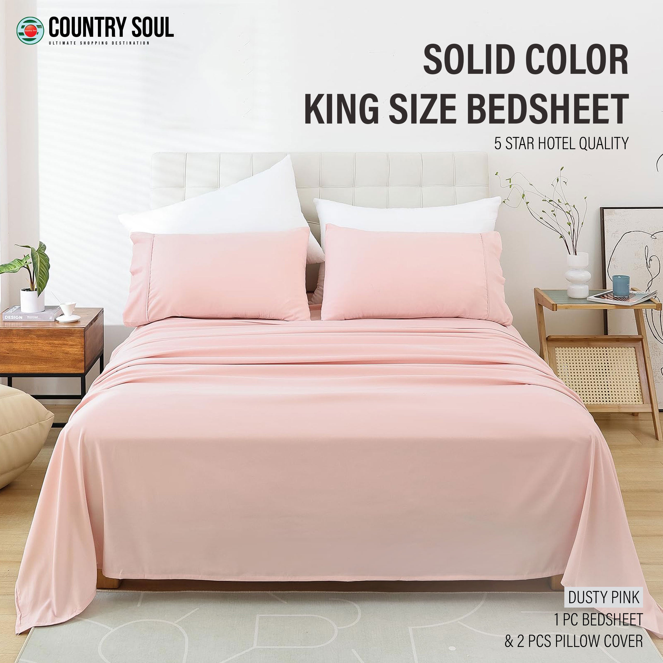 SOLID COLOR King Size Bedsheet with 2 Pillow Cover, 100% Cotton, Ultra Soft (8.5 Feet By 7.5 Feet)