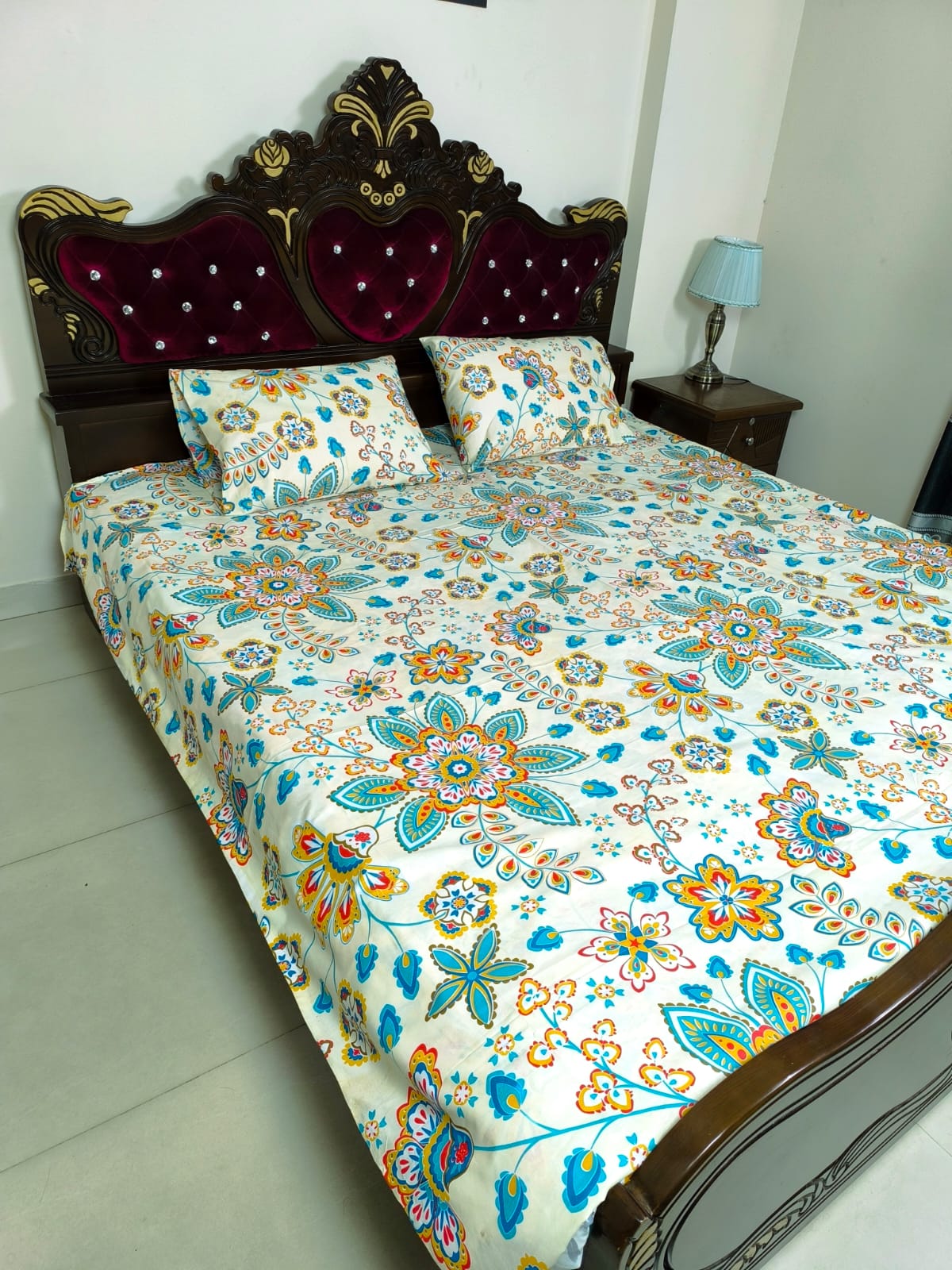 Double (King) Size Bedsheet Cotton Blend Fabric Multicolor Print with two Pillow Covers
