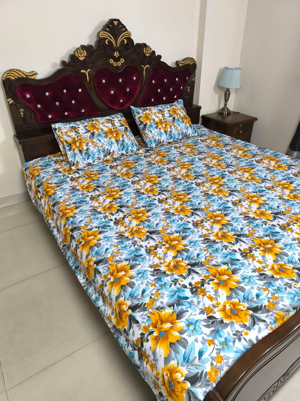 Double (King) Size Bedsheet Cotton Blend Fabric Multicolor Print with two Pillow Covers