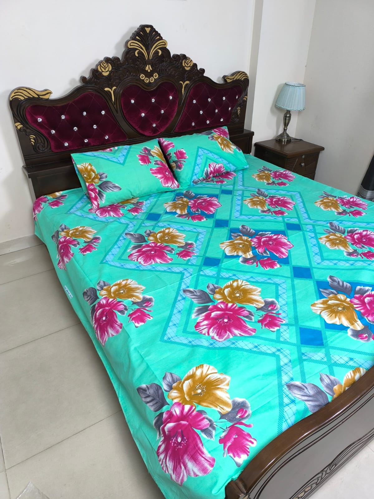 Double (King) Size Bedsheet Cotton Blend Fabric Multicolor Print with two Pillow Covers