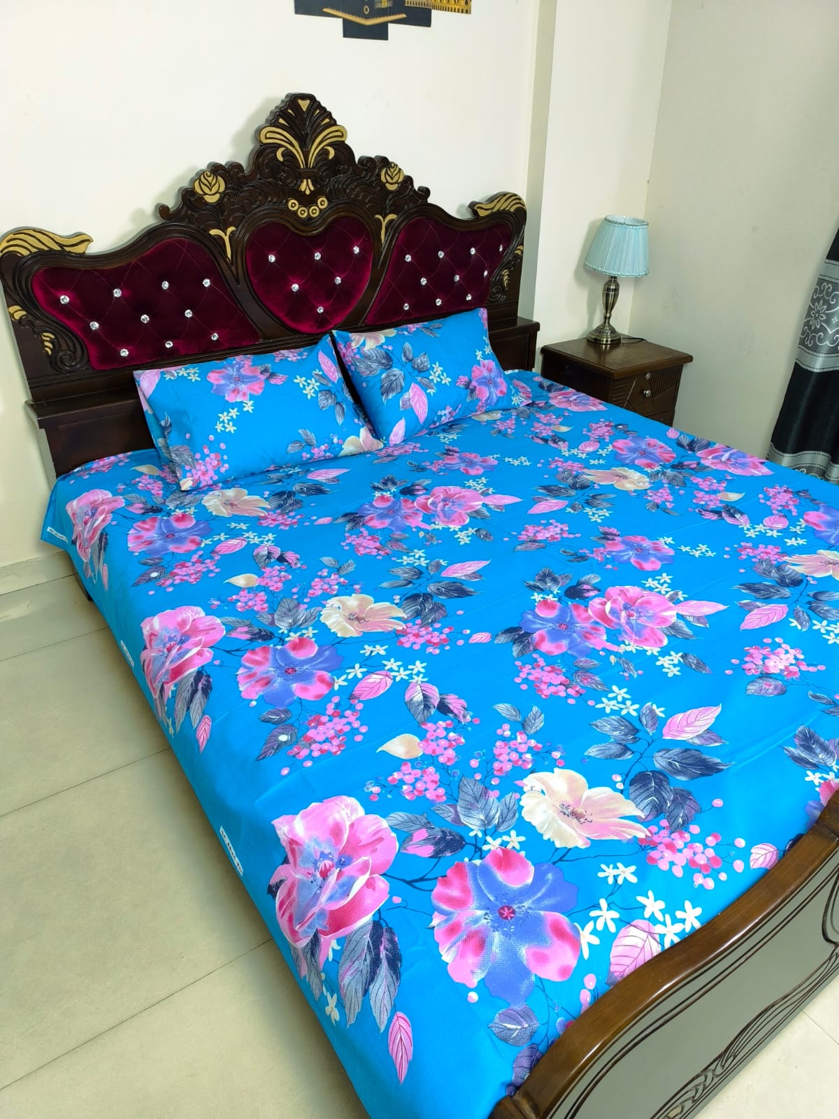 Double (King) Size Bedsheet Cotton Blend Fabric Multicolor Print with two Pillow Covers