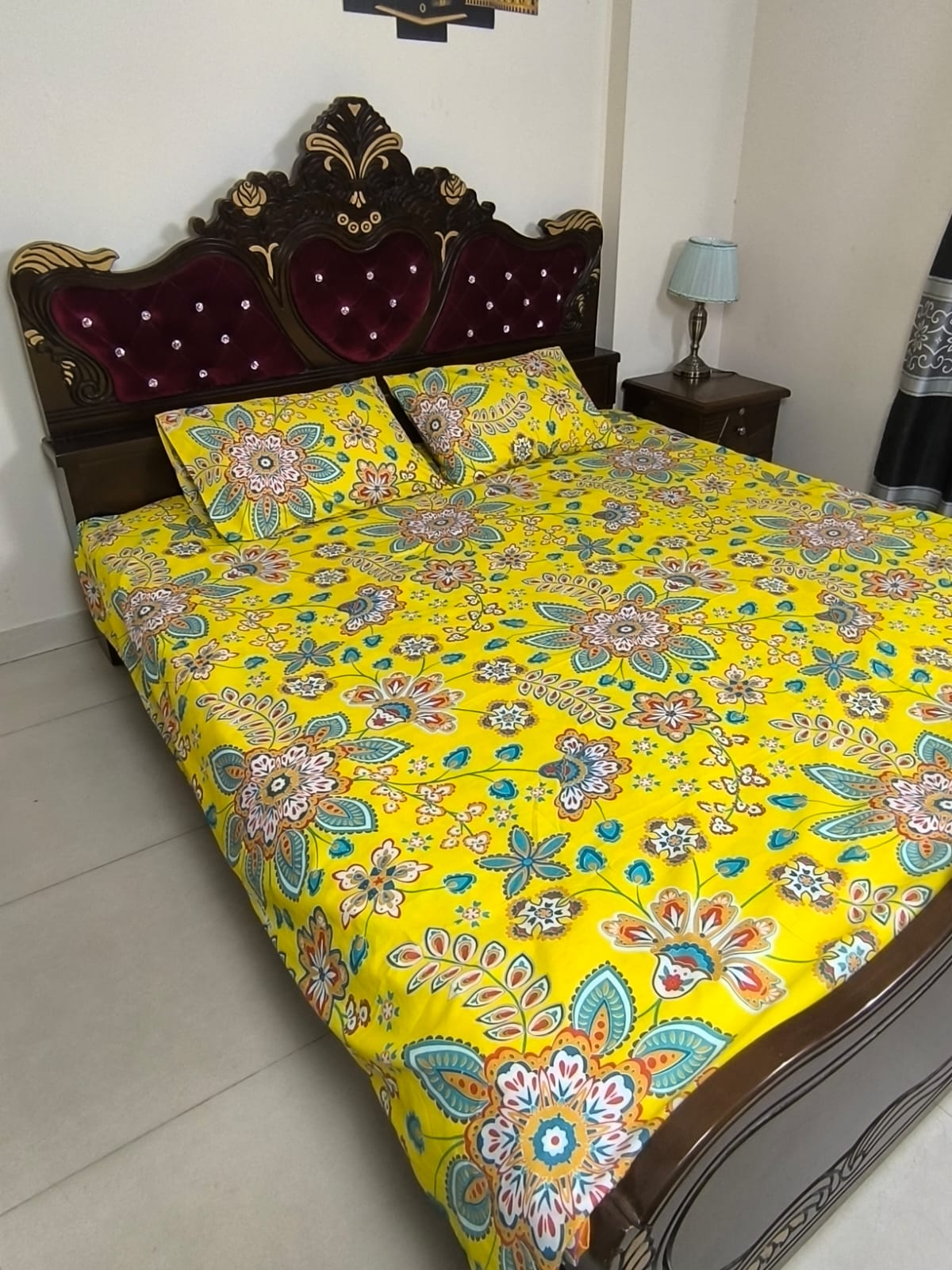Double (King) Size Bedsheet Cotton Blend Fabric Multicolor Print with two Pillow Covers