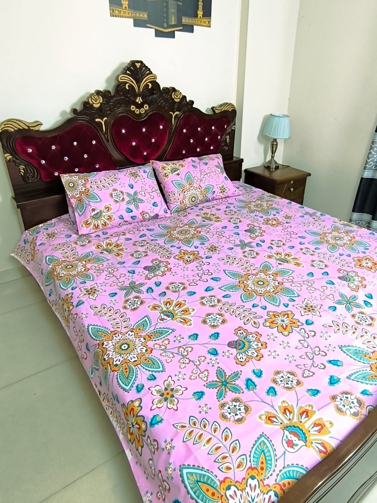 Double (King) Size Bedsheet Cotton Blend Fabric Multicolor Print with two Pillow Covers