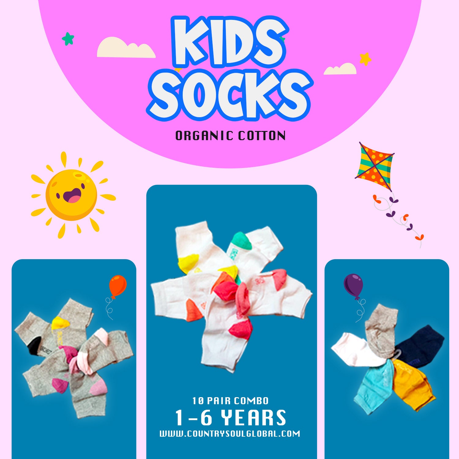 10 Pair Organic Cotton Made Kids Socks