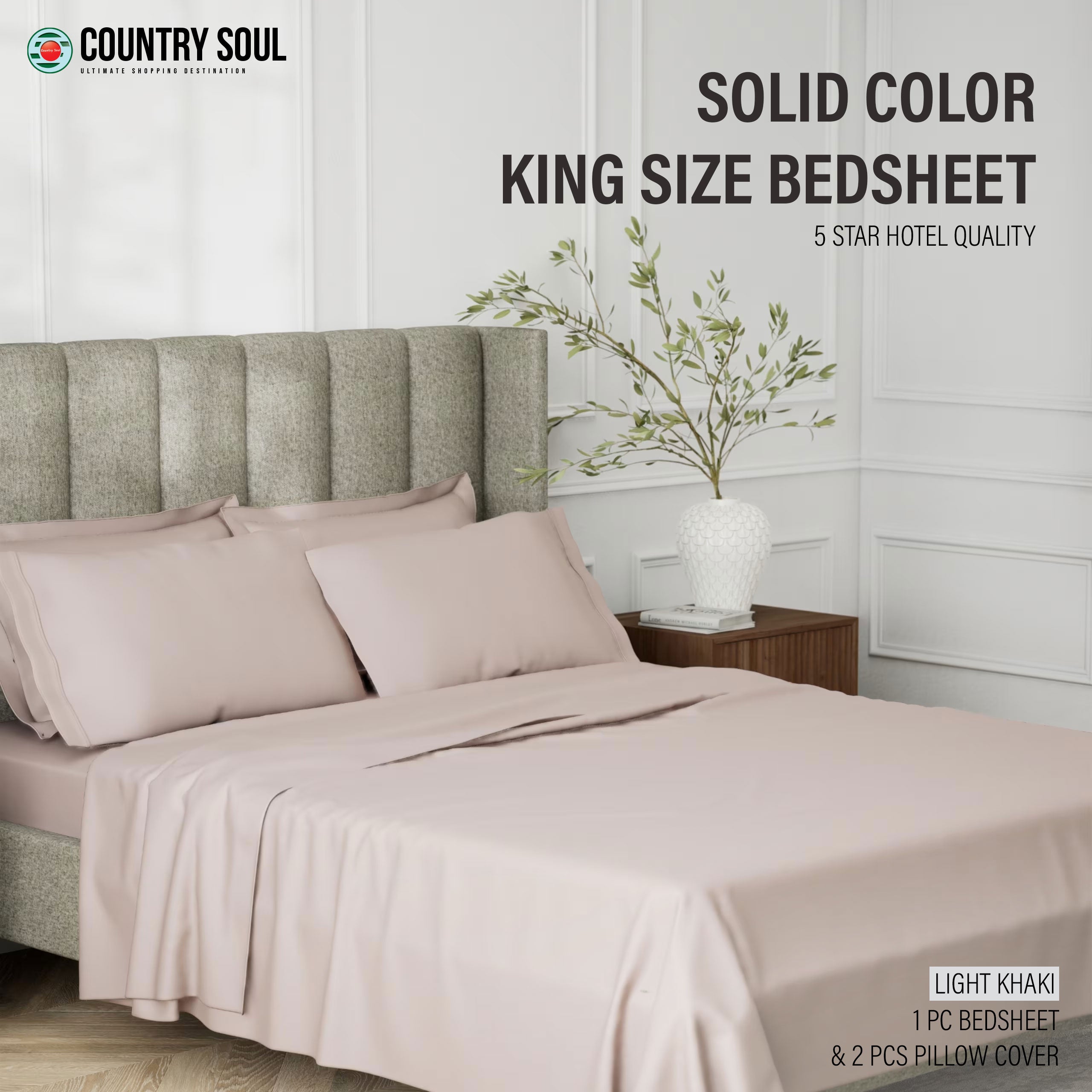 SOLID COLOR King Size Bedsheet with 2 Pillow Cover, 100% Cotton, Ultra Soft (8.5 Feet By 7.5 Feet)