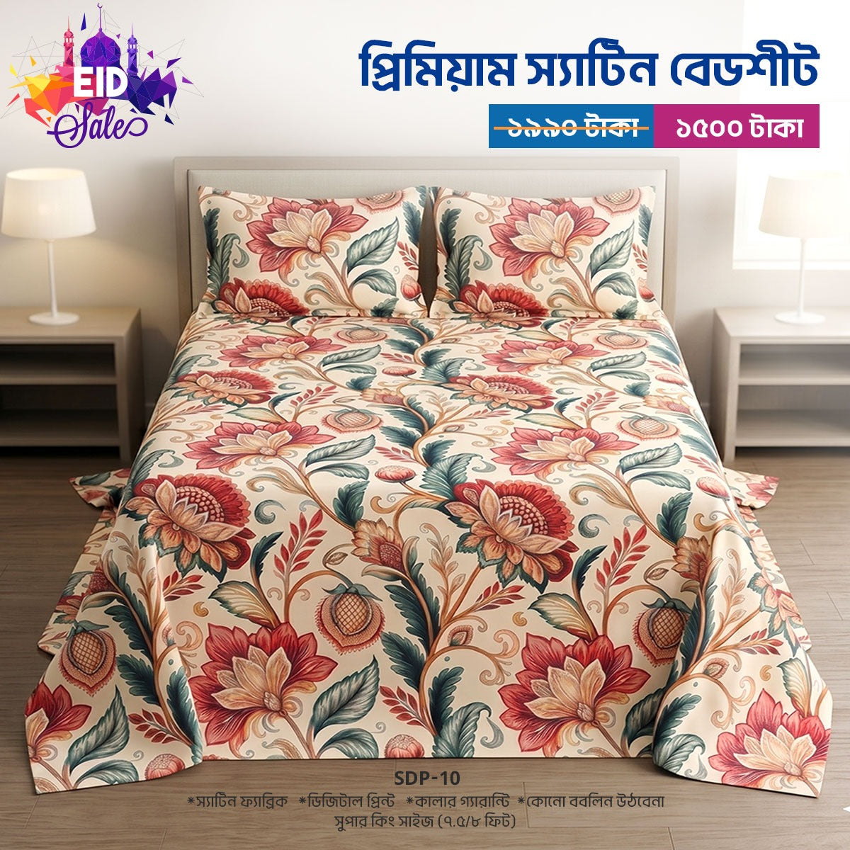 Digital Print Cotton Fabric King size bed Sheet With Two Pillow Cover
