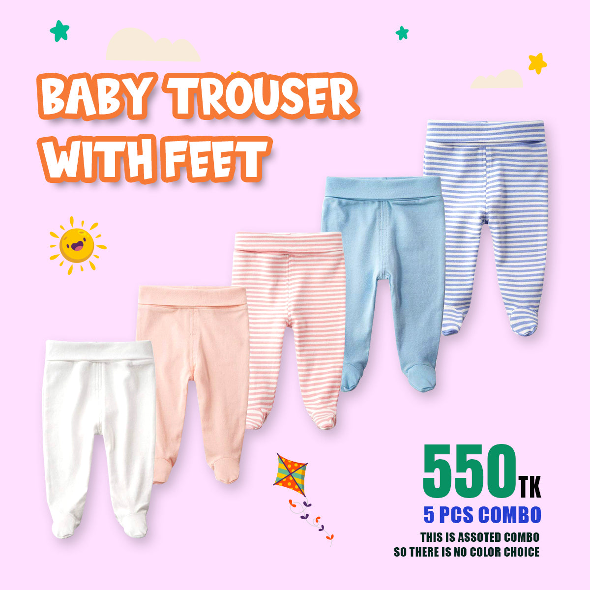 5 Pcs Organic Cotton Made Baby Trouser With Socks