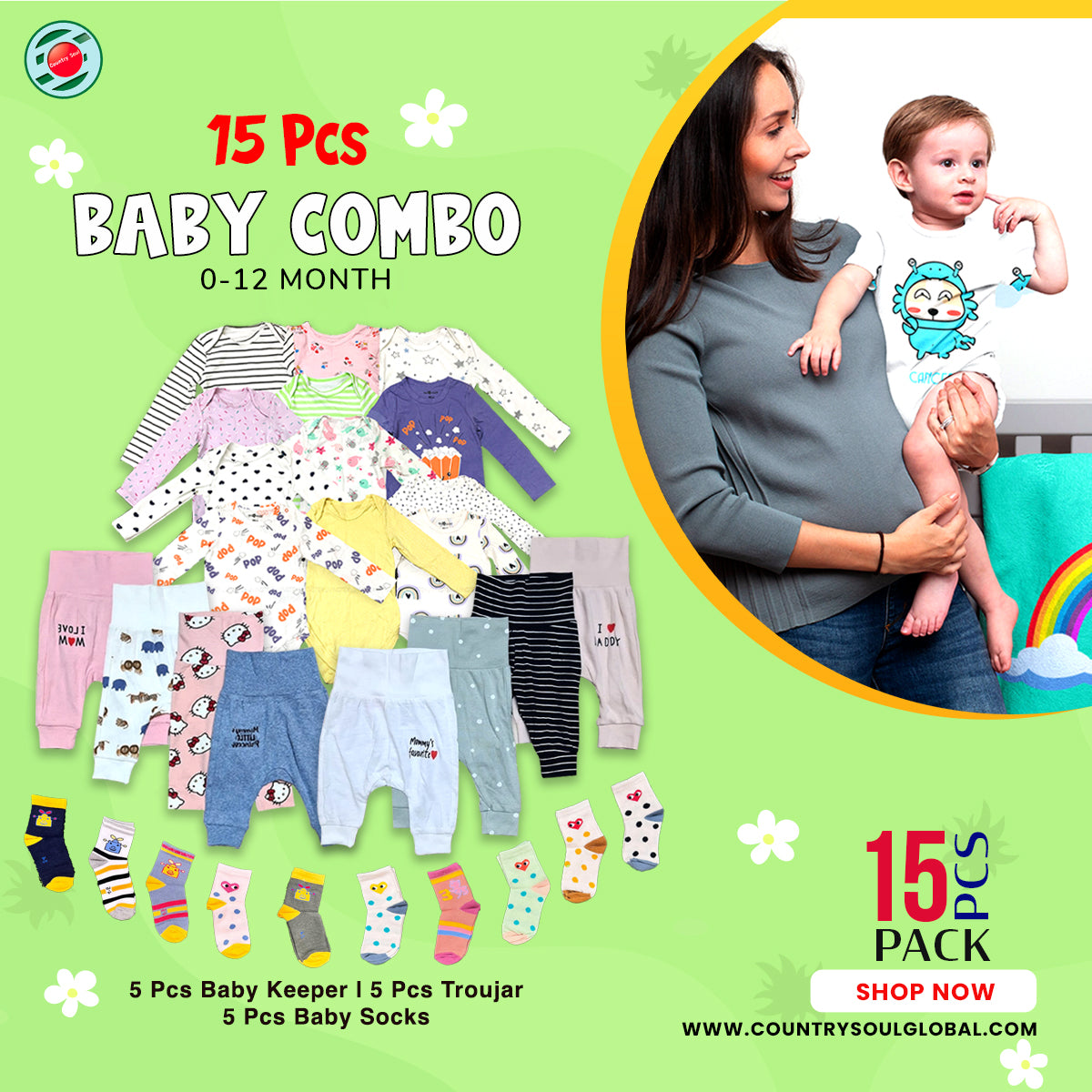 👼15 Pcs Baby Combo😍(5 Pcs Full Sleeve Baby Keeper+5 Pcs Troujar) 5 Pcs Baby Socks Free