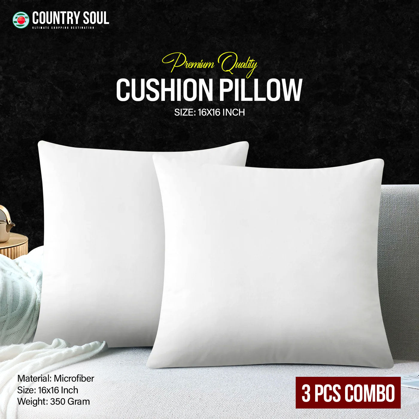 3 Pcs Microfiber Cushion Pillow 16"x16"