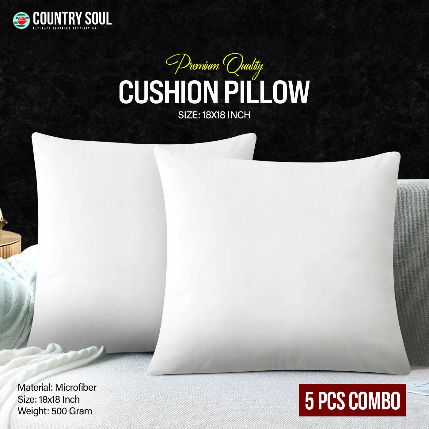 5 Pcs Microfiber Cushion Pillow 18"x18"