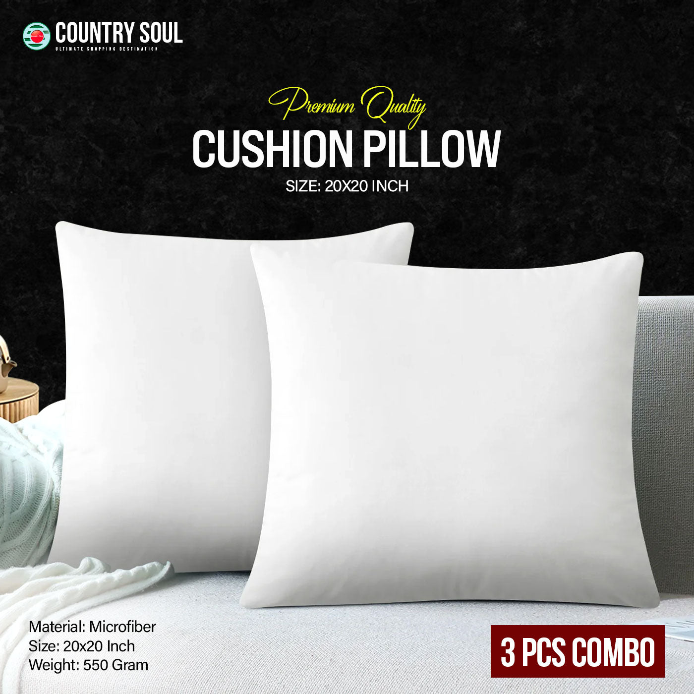 3 Pcs Microfiber Cushion Pillow 20"x20"