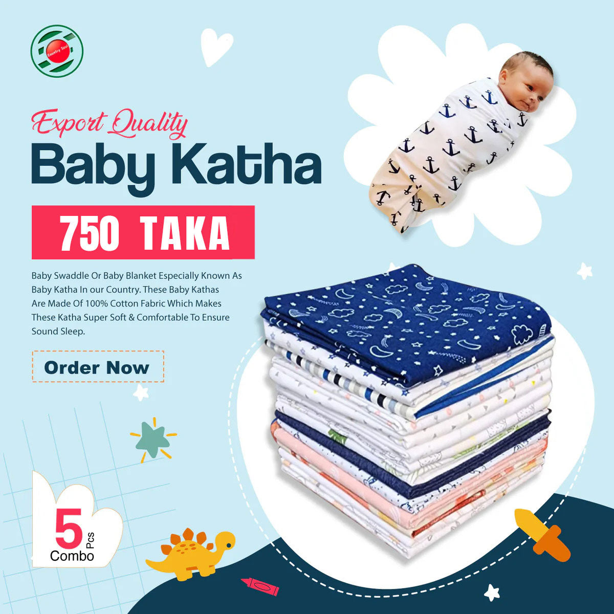 5 PCS ASSORTED & PREMIUM BABY KATHA/Baby Swaddle