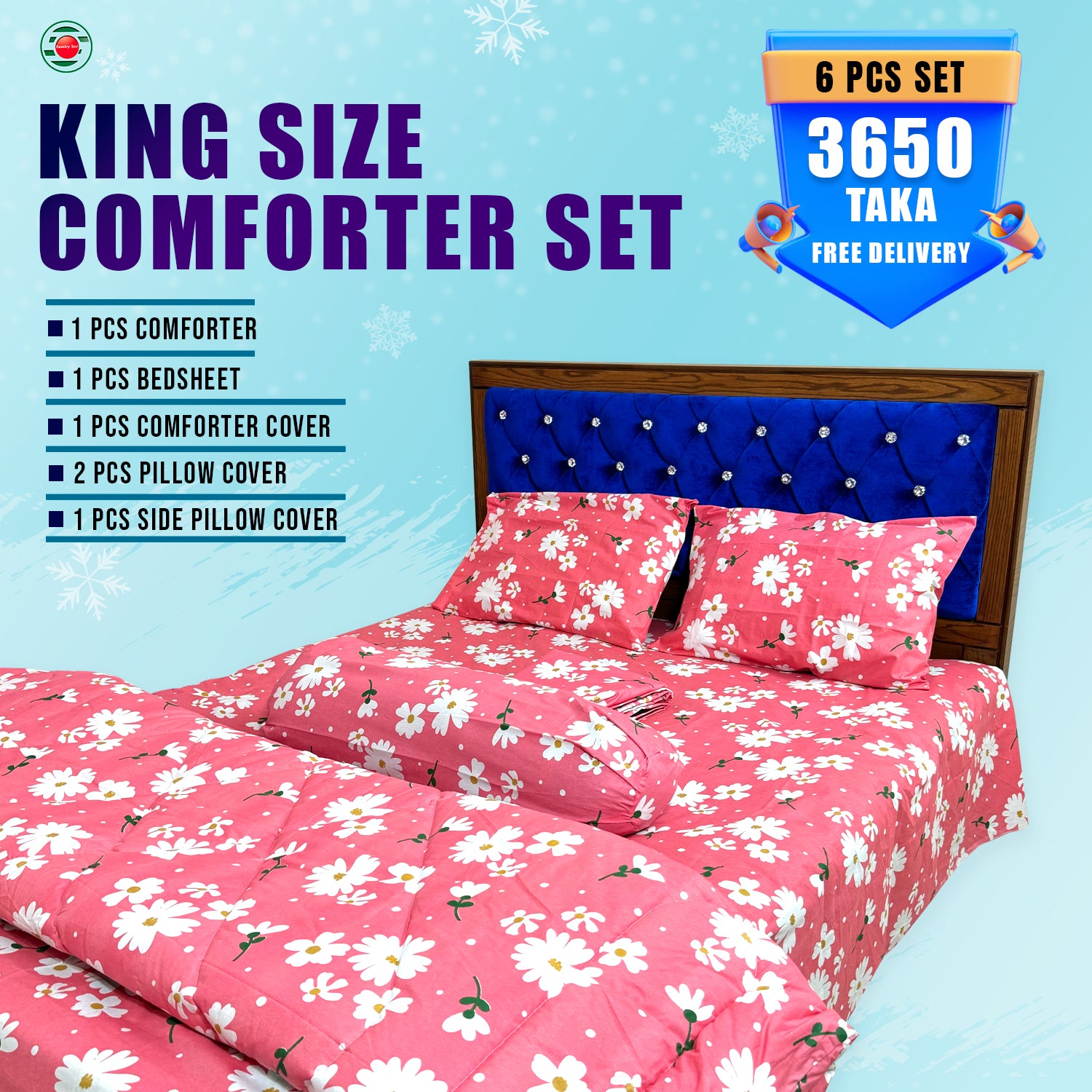 KING SIZE COMFORTER SET (6 PCS SET) 3 Pcs Pillow Cover Free