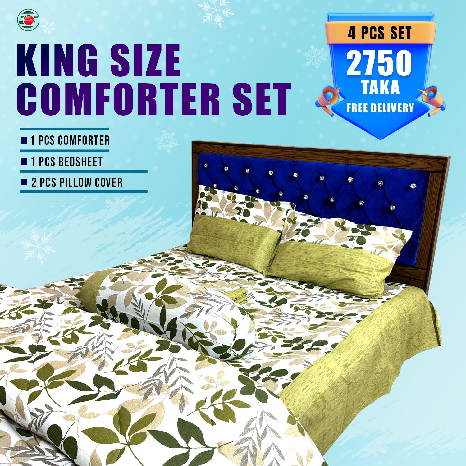 KING SIZE COMFORTER SET (4 PCS SET) 1 PC Side Pillow Cover Free