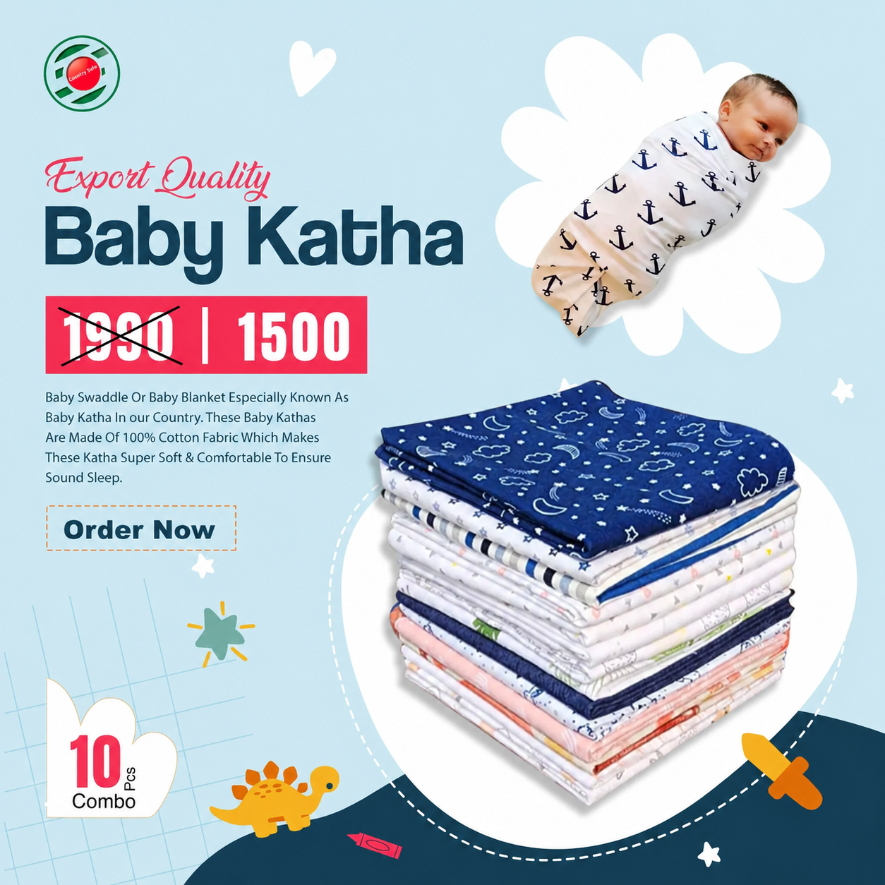 10 PCS ASSORTED BABY KATHA/Baby Swaddle (30x30 Inch)
