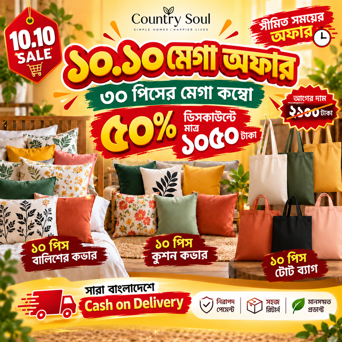 30 Pcs Mega Combo (10 Pillow Cover, 10 Pcs Cushion Cover, 10 Pcs Tote Bag)