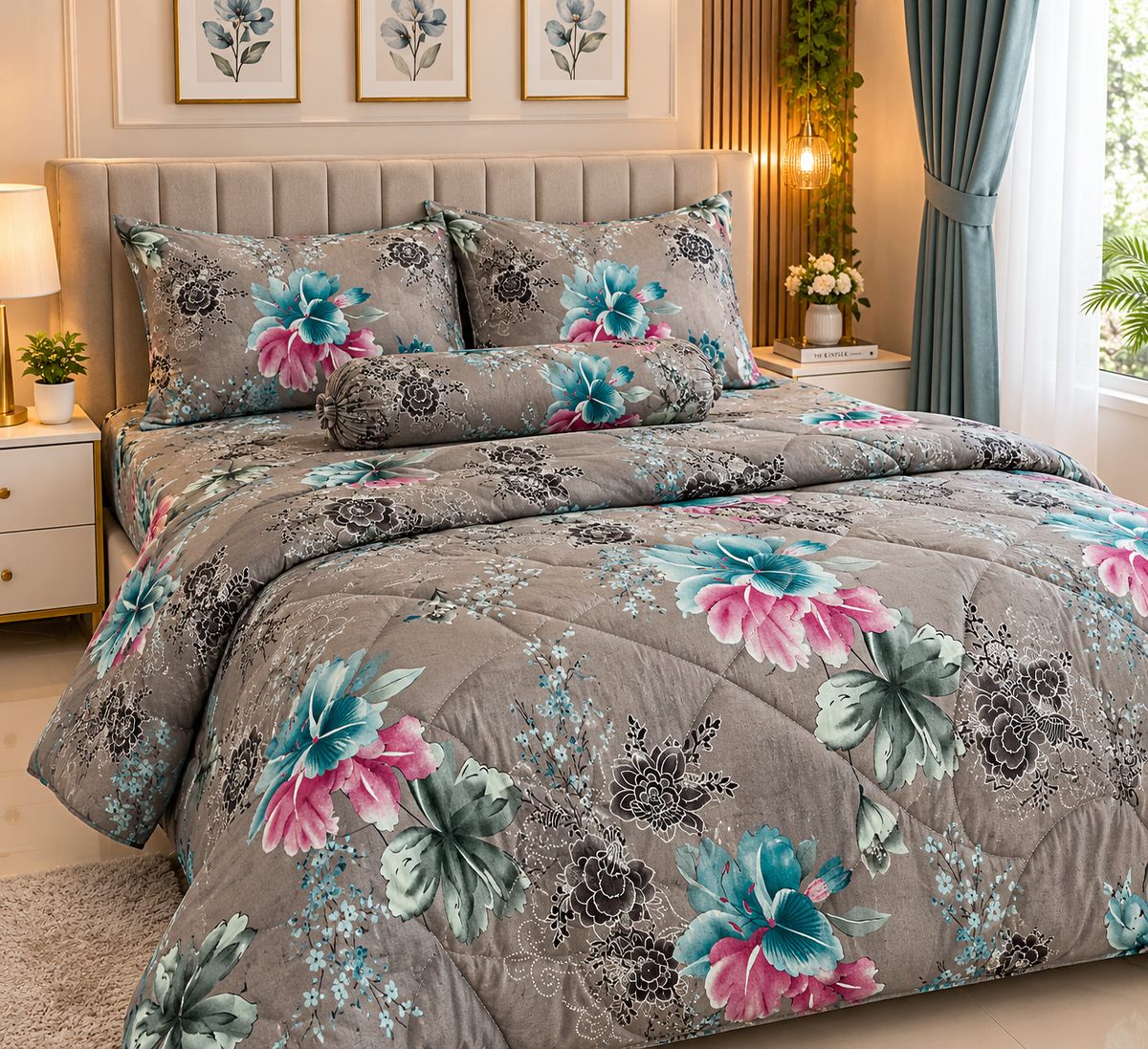 King Size Comforter Set (6 Pcs/5Pcs Set) (7x7.5 Feet) D-03