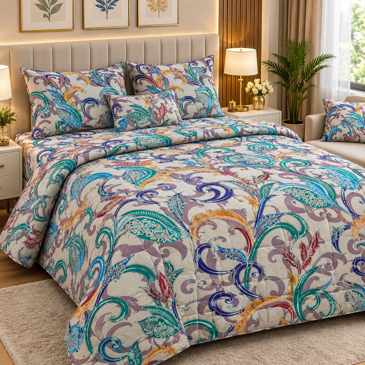 King Size Comforter Set (6 Pcs/5Pcs Set) (7x7.5 Feet) D-11