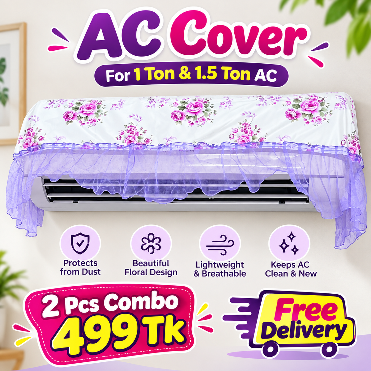 Beautiful Printed AC_Cover (1-Ton & 1.5-Ton)-Dust-Protector Indoor AC Cover