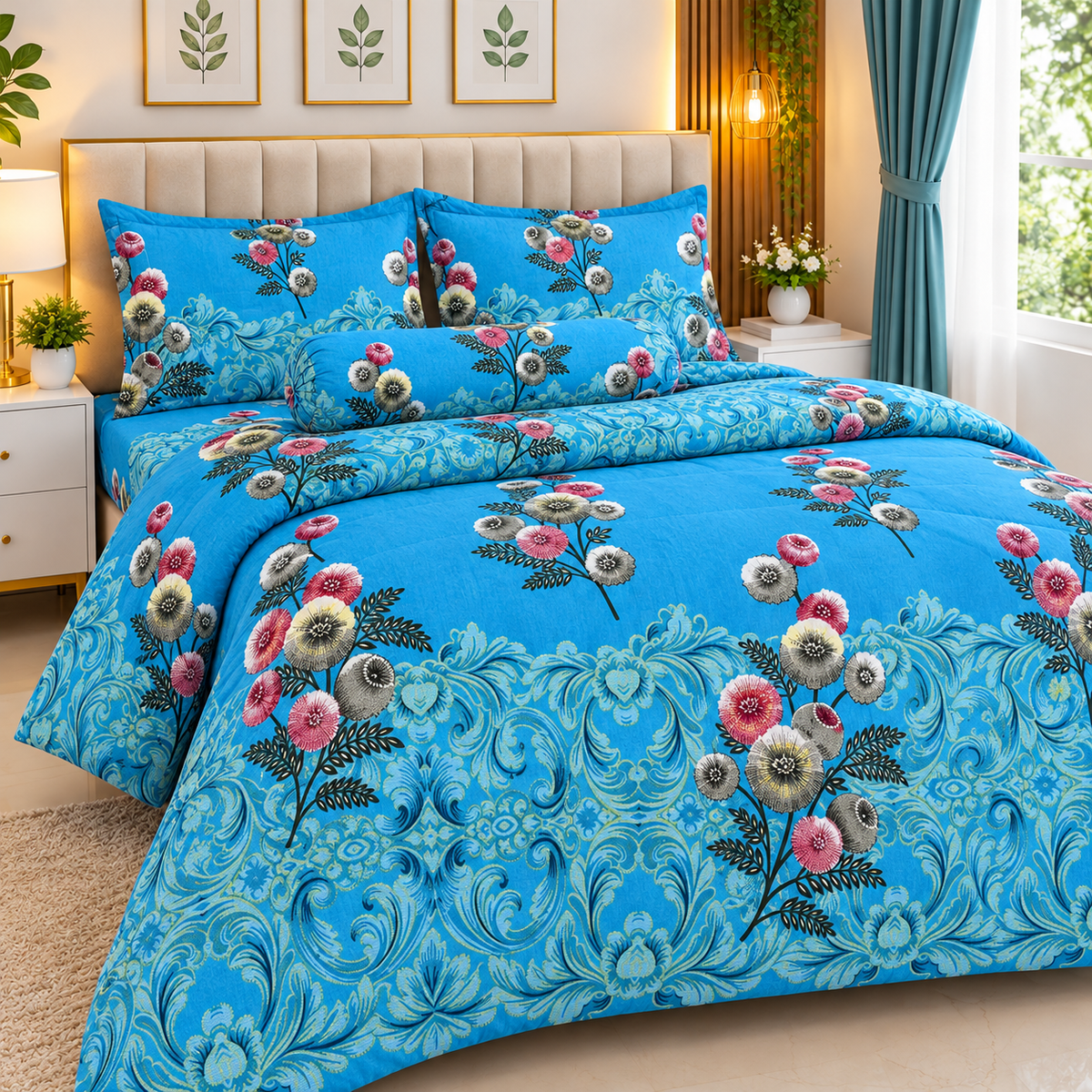 King Size Comforter Set (6 Pcs/5Pcs Set) (7x7.5 Feet) D-13