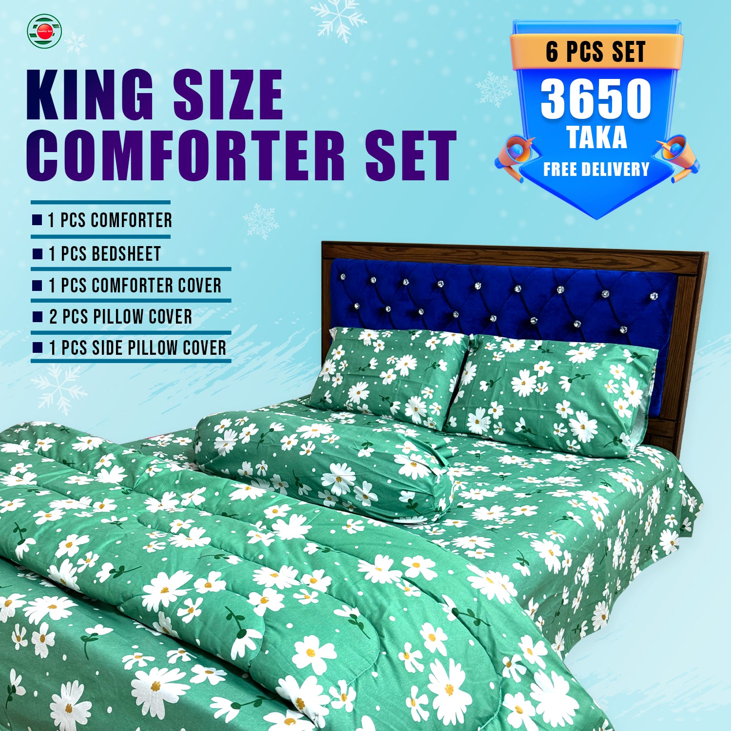 KING SIZE COMFORTER SET (6 PCS SET) 3 Pcs Pillow Cover Free