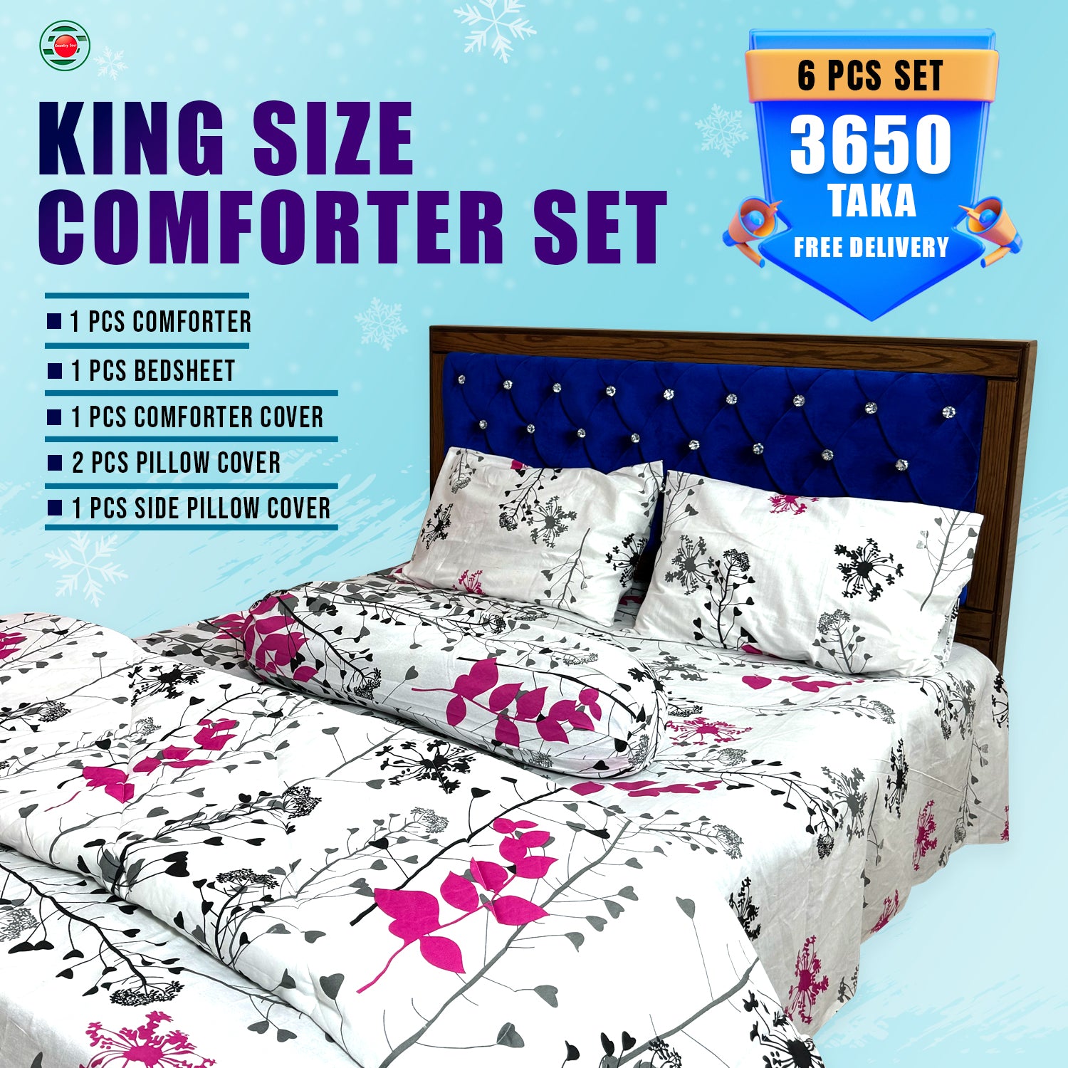 KING SIZE COMFORTER SET  (6 PCS SET) 3 Pcs Pillow Cover Free