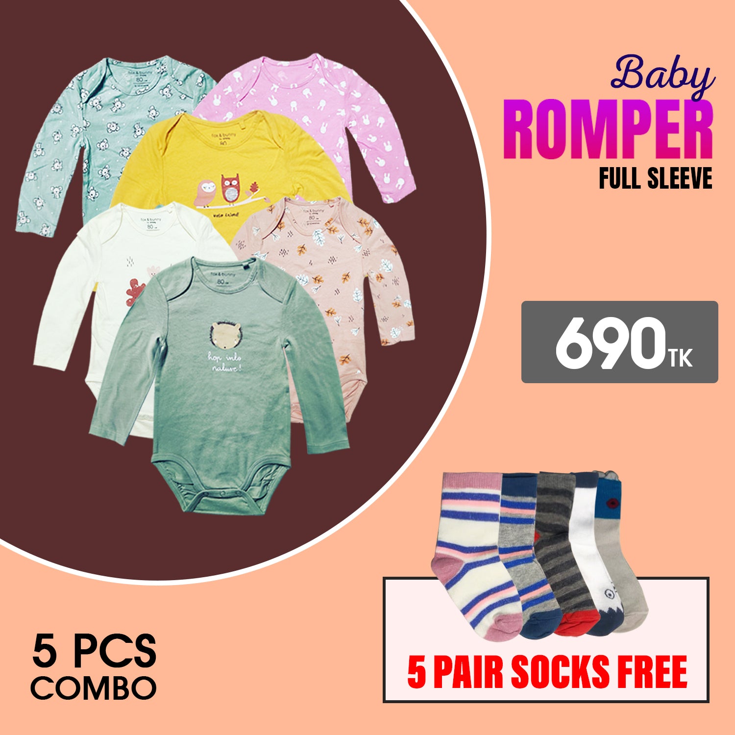 5 Pcs Baby Keeper/Romper for 0 to 36 month 5 Pair Socks Free